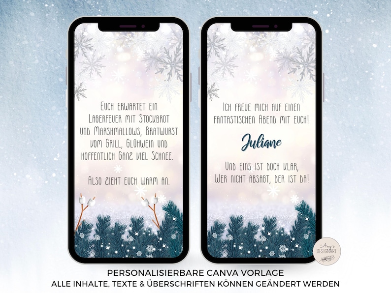May include: Two smartphones displaying digital invitation templates with a winter theme featuring pine branches, snowflakes, and German text. The screens show event details about a campfire, food, and drinks, with a signature name Juliane.
