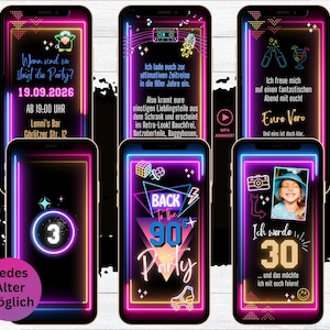 eCard 90er Jahre Mottoparty Einladung neon Countdown | digitale Whatsapp 80s 90s Party Einladung | Geburtstagseinladung Retro 1990 Party
