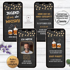 Tarjeta electrónica divertida invitación a fiesta de cumpleaños para hombre digital | Pizarra para invitación de cumpleaños número 30, 40, 50, 60 de WhatsApp Whiskey Gin con foto