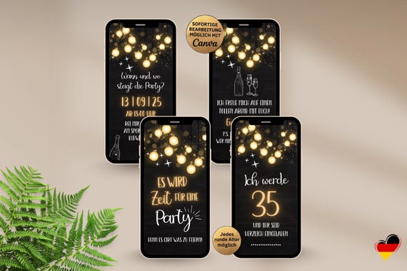 Digitale Einladung mit Lichterkette | Stilvolle WhatsApp Geburtstagseinladung zum Selbstbearbeiten | Canva Vorlage Party eCard