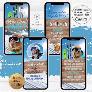 Invitations eCard fête après-ski pour un anniversaire, carte d'invitation WhatsApp numérique amusante cochon d'Inde, invitation animée pour téléphone portable hiver