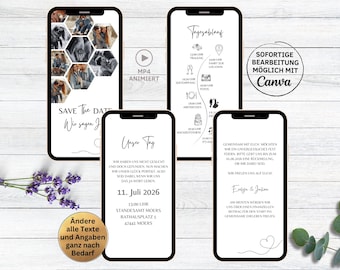 eCard digital wedding invitation Hexagon multiple photos | Video invitation for Whatsapp | animated Save the Date card white minimalist