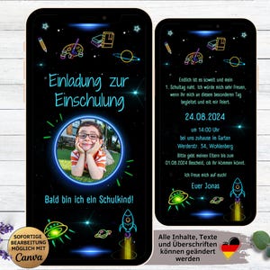 Digitale Einladung zur Einschulung neon Weltraum | Whatsapp Ecard Schuleinführung | Schulkind | Schulanfang 2025 | Schulstart mit Foto Junge