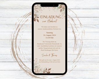 Digitale eCard Boho Hochzeitseinladung Template, personalisierbare Save the date Einladung Blätter Feder