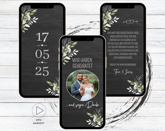 eCard Danksagung Hochzeit Kraftpapier Blätter, animierte digitale Danksagungskarte Hochzeitstag für WhatsApp mit Foto