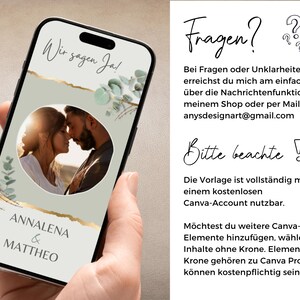 May include: A smartphone screen displays a wedding invitation template featuring a circular photo of a couple, the text Wir sagen Ja!, Annalena & Mattheo, and eucalyptus accents. The right side contains German text regarding template usage.