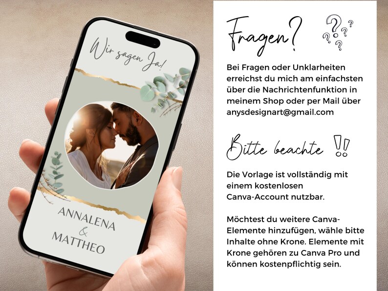 May include: A smartphone screen displays a wedding invitation template featuring a circular photo of a couple, the text Wir sagen Ja!, Annalena & Mattheo, and eucalyptus accents. The right side contains German text regarding template usage.