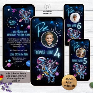 Digital invitation T-Rex space children&#39;s birthday | digital WhatsApp birthday invitation with photo for boy | dinosaur in space neon