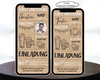 Digitale eCard Geburtstagseinladung Bier schwarz weiß Kraftpapier zum Versenden per Whatsapp mit Foto