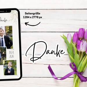 May include: A smartphone mockup with a white background and a photo collage of a young boy in a suit. The collage includes the text "Danke" and the date "19.04.2026". The phone is on a white wooden surface with a bouquet of purple tulips.
