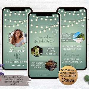 eCARD Geburtstags Party Einladung grün Lichterkette | für 30. 40. 50. 60. animierte WhatsApp Geburtstagseinladung mit Fotos für Frau Mann