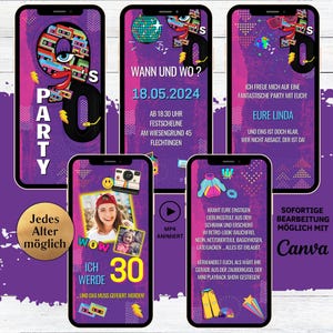 eCard 90er Jahre Mottoparty Einladung | digitale Whatsapp 90s Party Einladungen | animierte Geburtstagseinladung 90er Jahre Retro Feier