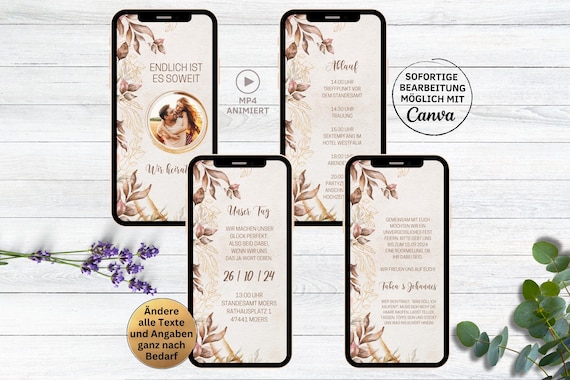 Digitale Hochzeitseinladung Boho Herbst – Animierte Save the Date eCard mit Foto | Video Einladung für WhatsApp, Canva Vorlage
