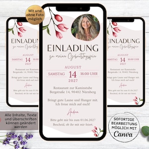 Invito digitale di compleanno con fiori in fiore e foto | Invito di compleanno con eCard Whatsapp | Donna del brunch | Colazione di compleanno rosa