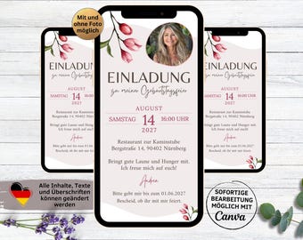Digital birthday invitation flowers blossoms with photo | Whatsapp eCard birthday invitation | Brunchtime woman | Birthday breakfast pink