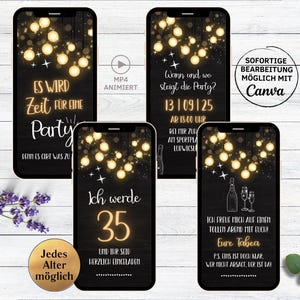 Tableau d'invitation à une fête d'anniversaire eCARD champagne pour le 18, 20, 30, 40, 50, 60e, invitation d'anniversaire WhatsApp numérique animée, guirlande lumineuse