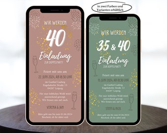 Digitale eCard Einladung zum Doppelgeburtstag, Ecard zum Versenden per WhatsApp, doppelter Geburtstag, Einladung 70 80 90 100 110 120