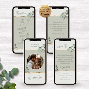 Wedding invitation video for WhatsApp, eucalyptus and gold, elegant | personalized digital save-the-date invitation, green floral leaves eCard