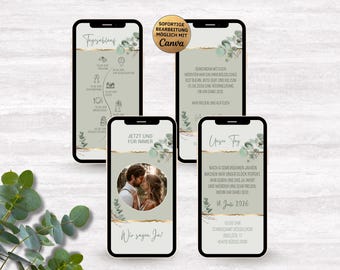 Wedding invitation video for WhatsApp, eucalyptus and gold, elegant | personalized digital save-the-date invitation, green floral leaves eCard