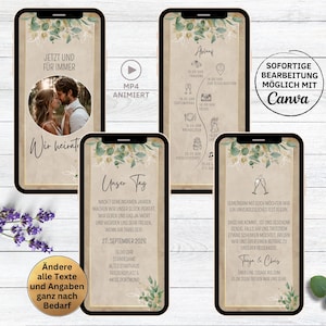 Invitación de boda digital en vídeo en papel kraft para Whatsapp hojas verdes doradas | Elegante invitación para guardar la fecha con foto y horario.