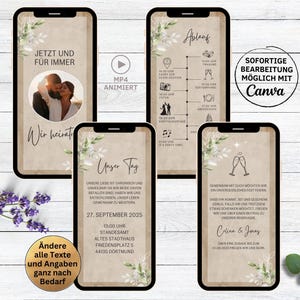 eCard digitale Hochzeitseinladung Kraftpapier Video für Whatsapp | personalisierbare Save the Date Einladung mit Foto grüne Oliven Blätter