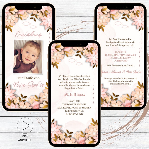 eCard invitation baptême fleurs roses, carton d'invitation animé pour la communion à envoyer via WhatsApp, invitation vidéo numérique avec photo