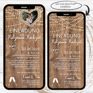 eCard digitale Einladung Hölzerne Hochzeit rustikal für WhatsApp, personalisierbare elektronische Hochzeitstag Einladung Holz und Licht Bild 1