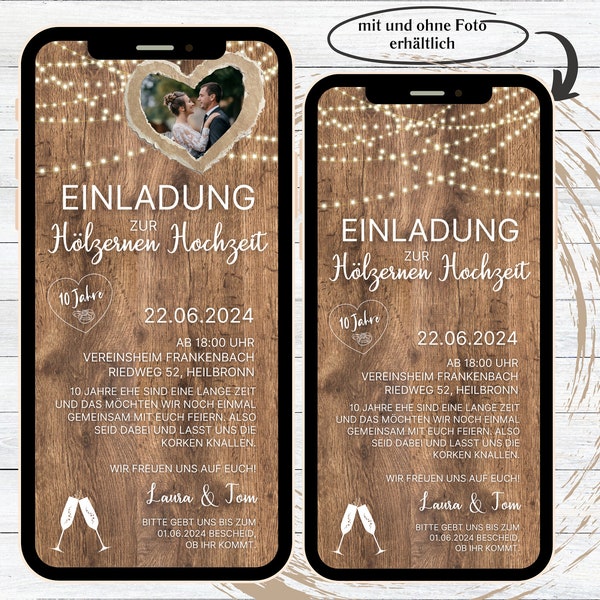 eCard digitale Einladung Hölzerne Hochzeit rustikal für WhatsApp, personalisierbare elektronische Hochzeitstag Einladung Holz und Licht