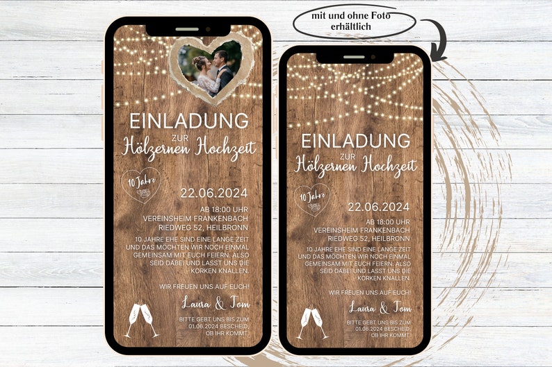 eCard digitale Einladung Hölzerne Hochzeit rustikal für WhatsApp, personalisierbare elektronische Hochzeitstag Einladung Holz und Licht Bild 1