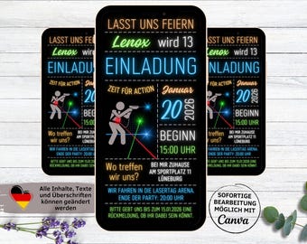 May include: A black and neon green invitation for a 13th birthday party. The invitation features the text "Lasst uns feiern Lenox wird 13" and "Einladung". The invitation also includes the date "Januar 2026" and the time "15:00 Uhr".