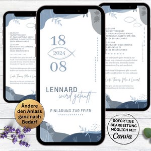 eCard invitation baptême feuilles bleues | carte d'invitation numérique pour la fête de baptême | Communion à envoyer via WhatsApp | Invitation baptême garçon