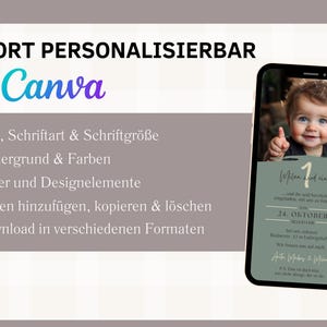 May include: A green and white digital invitation template for a first birthday party. The template features a photo of a baby boy, the text "1 and counting", and the date "24. Oktober". The template is customizable with Canva.