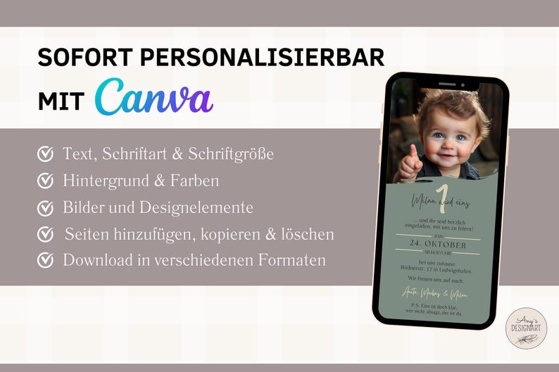 May include: A green and white digital invitation template for a first birthday party. The template features a photo of a baby boy, the text "1 and counting", and the date "24. Oktober". The template is customizable with Canva.