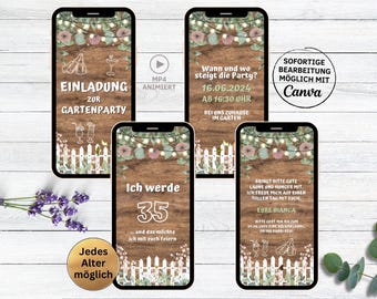 Digital garden party invitation in light wood with a garden fence | eCard customizable WhatsApp invitation rustic Wood and Light | Grill Party