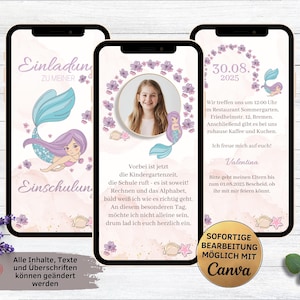 Einladung zur Einschulung Meerjungfrau lila Blumen digital | Ecard zum Versenden per WhatsApp | Schulkind | Schulanfang | Schulstart 2025