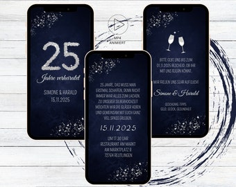 Digital Silver Wedding Invitation for WhatsApp | Personalized Electronic eCard Wedding Anniversary Invitation Blue Silver