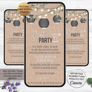 Digitale Gartenparty Einladung Lampions Kraftpapier | personalisierbare WhatsApp eCard Grillparty | Geburtstags Party Einladung | Gartenfest