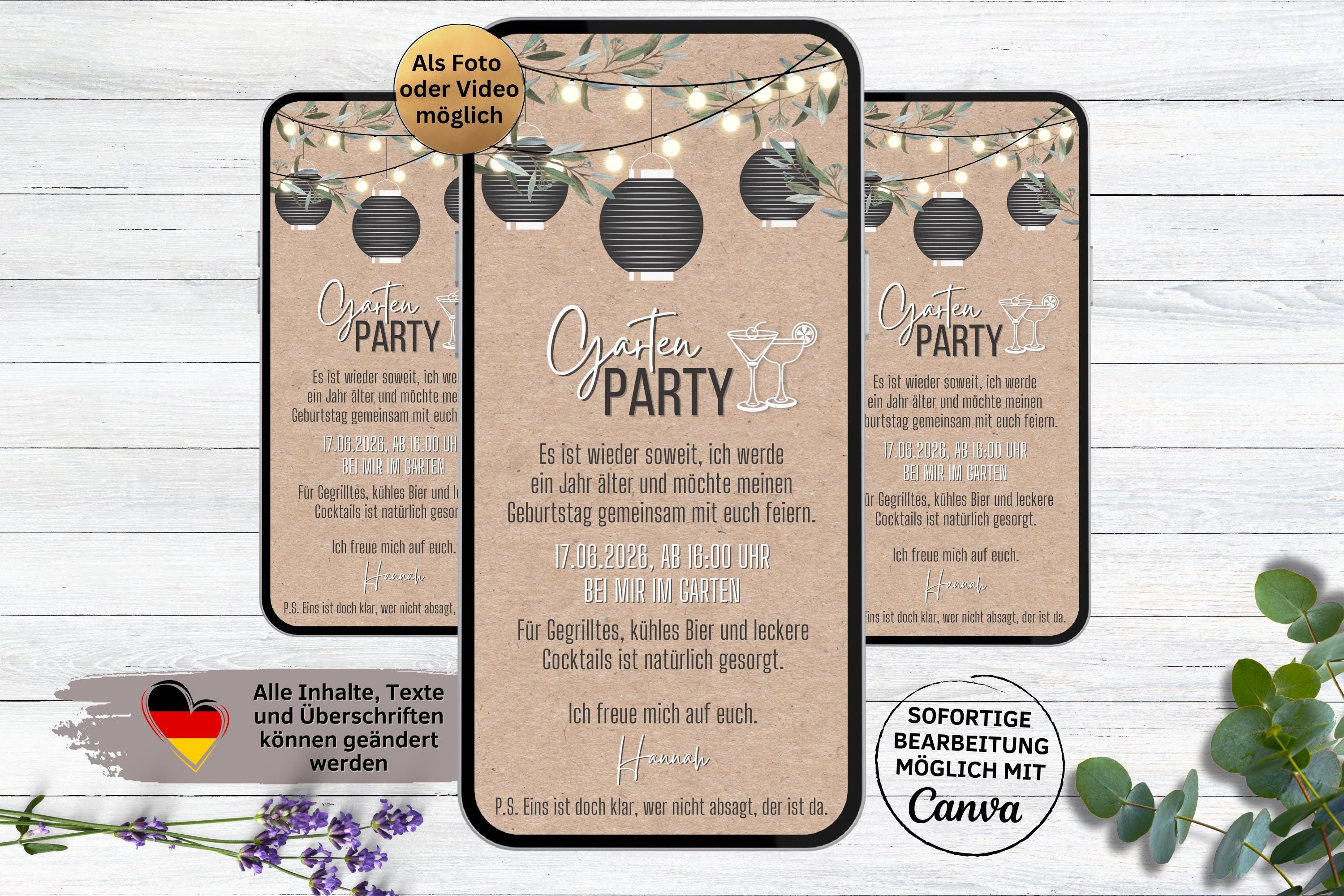 Digital garden party invitation lanterns kraft paper | personalizable WhatsApp eCard barbecue party | birthday party invitation | garden party