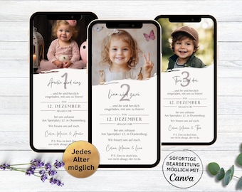 Digital children's birthday invitation | WhatsApp invitation card for the 1st, 2nd, 3rd, 4th birthday | eCard for girl or boy, minimalist with photo