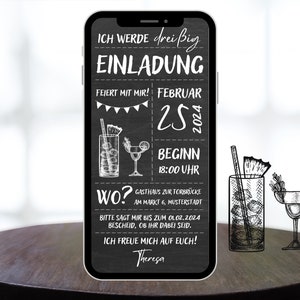 Digitale eCard Geburtstagseinladung Motiv Cocktails schwarz weiß zum Versenden per Whatsapp Bild 1