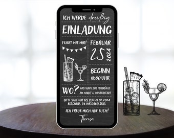 Digitale eCard Geburtstagseinladung Motiv Cocktails schwarz weiß zum Versenden per Whatsapp