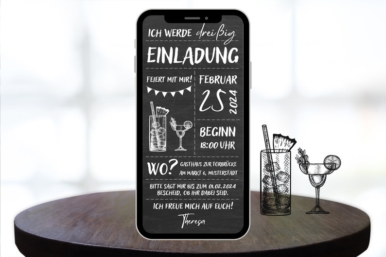 Digitale eCard Geburtstagseinladung Motiv Cocktails schwarz weiß zum Versenden per Whatsapp Bild 1