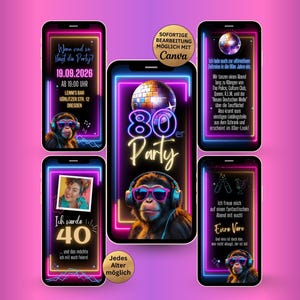 Rolig neon 80-talsfestinbjudan apa | digitala retro 80-talsfestinbjudningar | e-kort födelsedagsinbjudan schimpans | 1980-talet