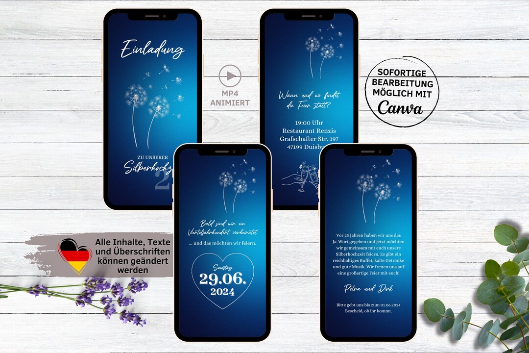 Digital Invitation to the Silver Wedding Anniversary for Whatsapp, Personalizable Electronic Ecard Wedding Anniversary Invitation Dandelion Silver Blue - Etsy UK