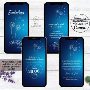Digitale Einladung zur Silberhochzeit für WhatsApp, personalisierbare elektronische eCard Hochzeitstag Einladung Pusteblume silber blau