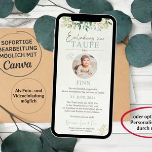 eCard Einladung Taufe digital, animierte Einladungskarte für Taufe personalisierbar zum Versenden per WhatsApp, Karte Taufe mit Foto Bild 2