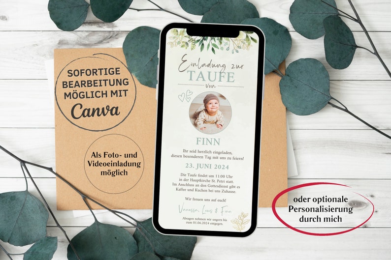 eCard Einladung Taufe digital, animierte Einladungskarte für Taufe personalisierbar zum Versenden per WhatsApp, Karte Taufe mit Foto Bild 2