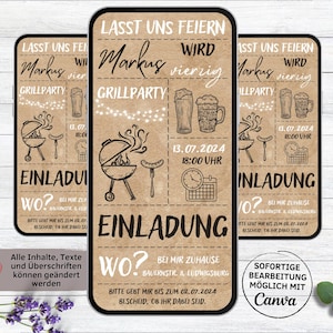 eCard digitale Grillparty Geburtstags Einladung Kraftpapier | WhatsApp Grillfest Einladungskarte 20. 30. 40. 50. 60. 70. runder Geburtstag