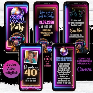 Macaco de néon engraçado do convite de festas do tema | convites retros digitais do partido 80s | chimpanzé do convite do aniversário do eCard | 1980 ele