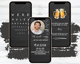 Geburtstags Party Einladung Tafel | eCard für 18. 20. 30. 40. 50. 60. animierte digitale WhatsApp Geburtstagseinladung mit Foto